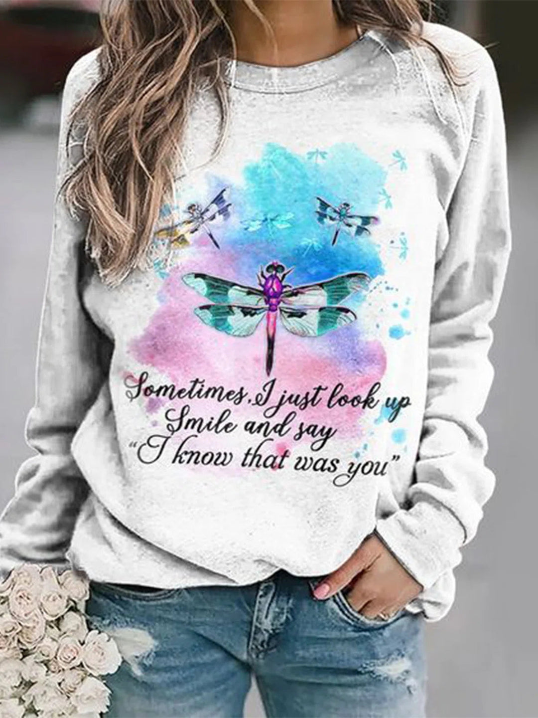 Comfysol White Casual Graphic Tops Round Neck Dragonfly Printed Long Sleeve Sweatshirts