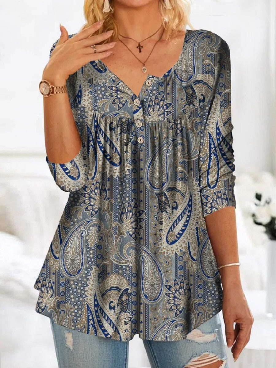 Comfysol Blue Casual V Neck Printed Long Sleeve Blouse