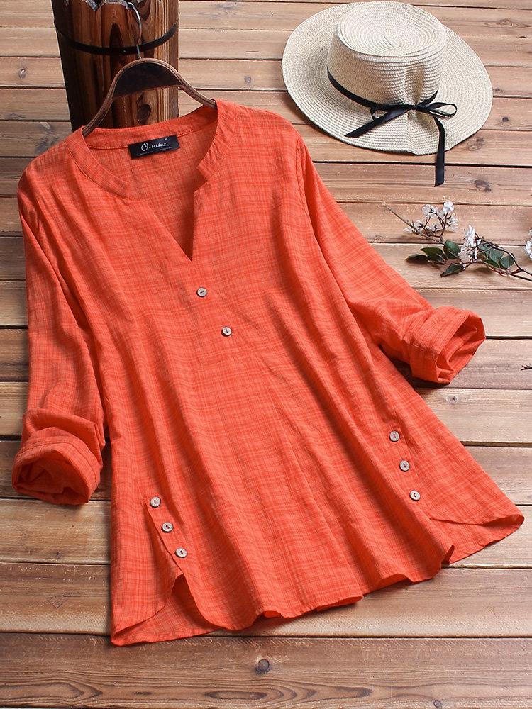 Comfysol Vintage Plaid Side Button V-neck Long Sleeve Blouse