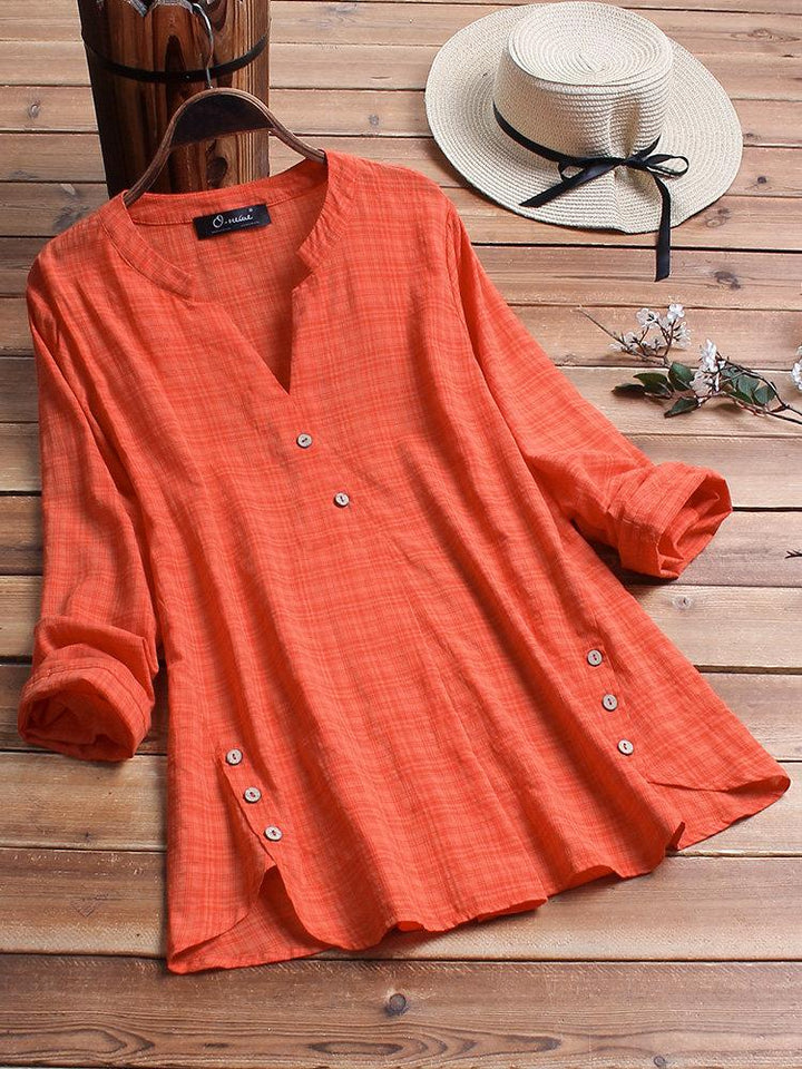 Comfysol Vintage Plaid Side Button V-neck Long Sleeve Blouse