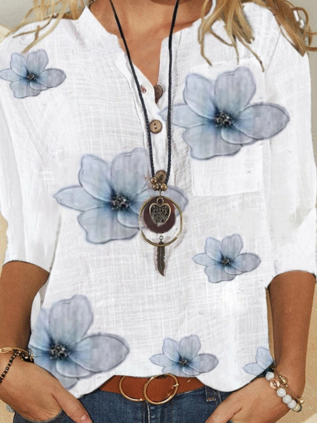 Comfysol Half Sleeve Floral V-neck Shift Blouse