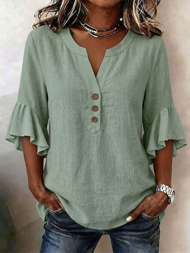 Women's Solid-color V-neck 3/4-sleeve Casual Loose Cotton-linen To