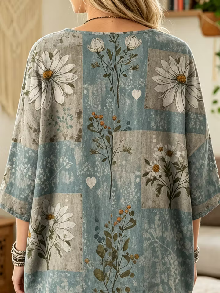 Ethnicity Bohemian Style Flowers Women's Art Print Casual 3/4 Sleeve Cotton Top