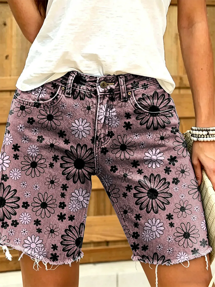 Ethnicity Flowers Geometry Women's Art Print Casual Denim Shorts
