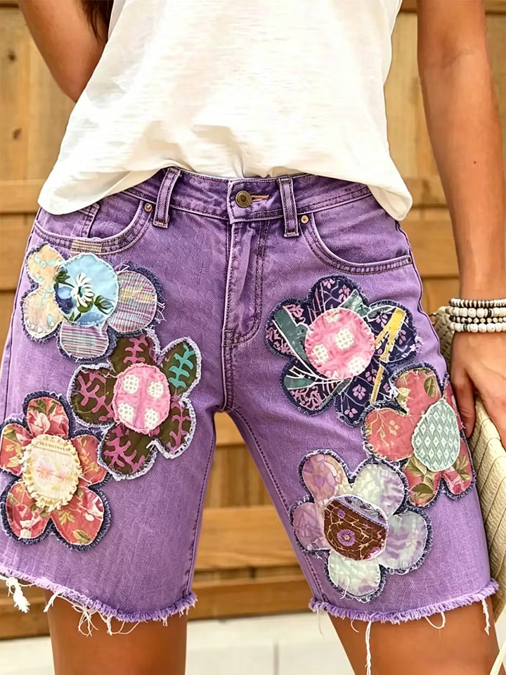 Women Ethnic Floral Print Denim Shorts