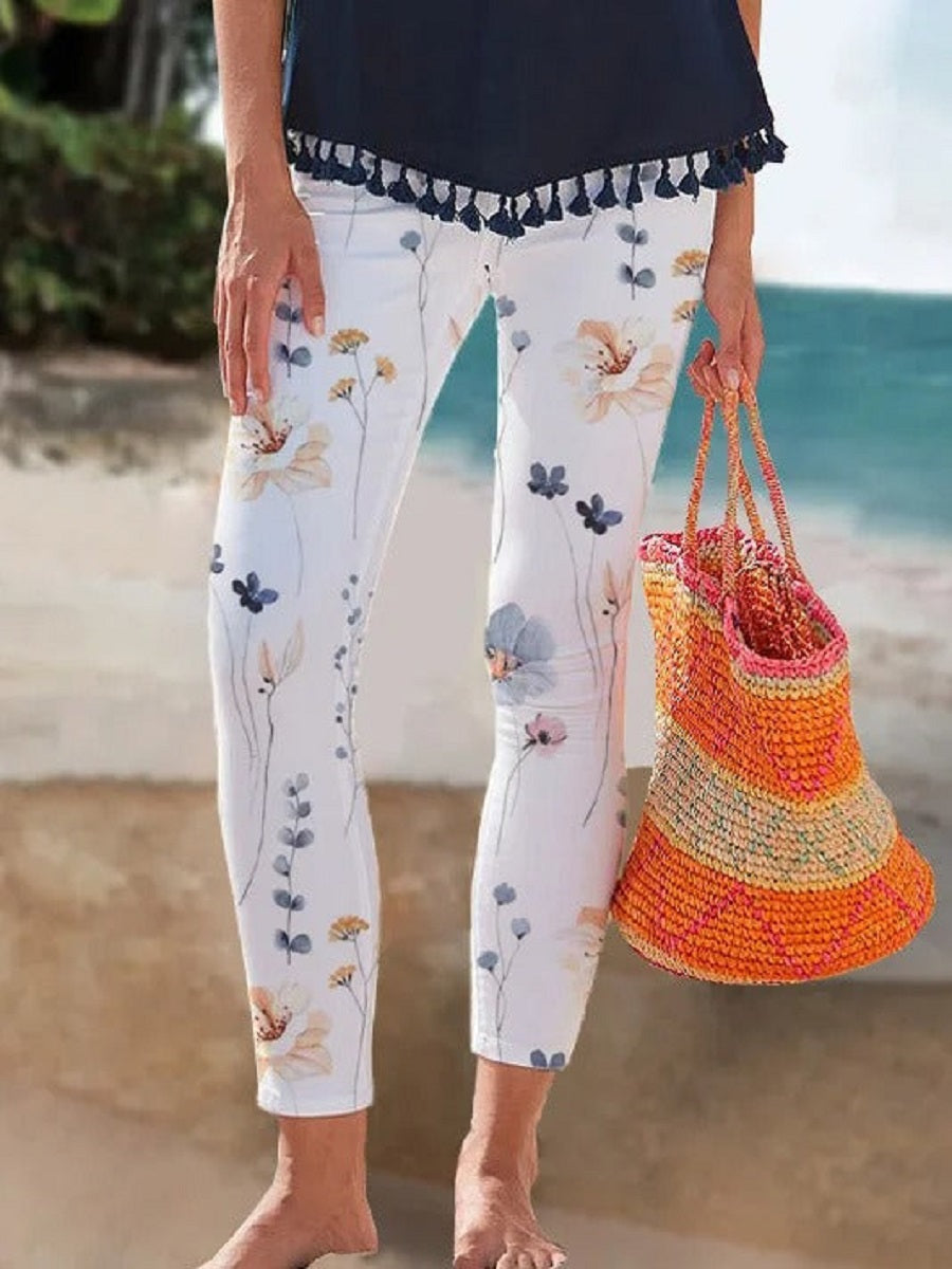 Comfysol White Casual Floral Printed Vacation Leggings