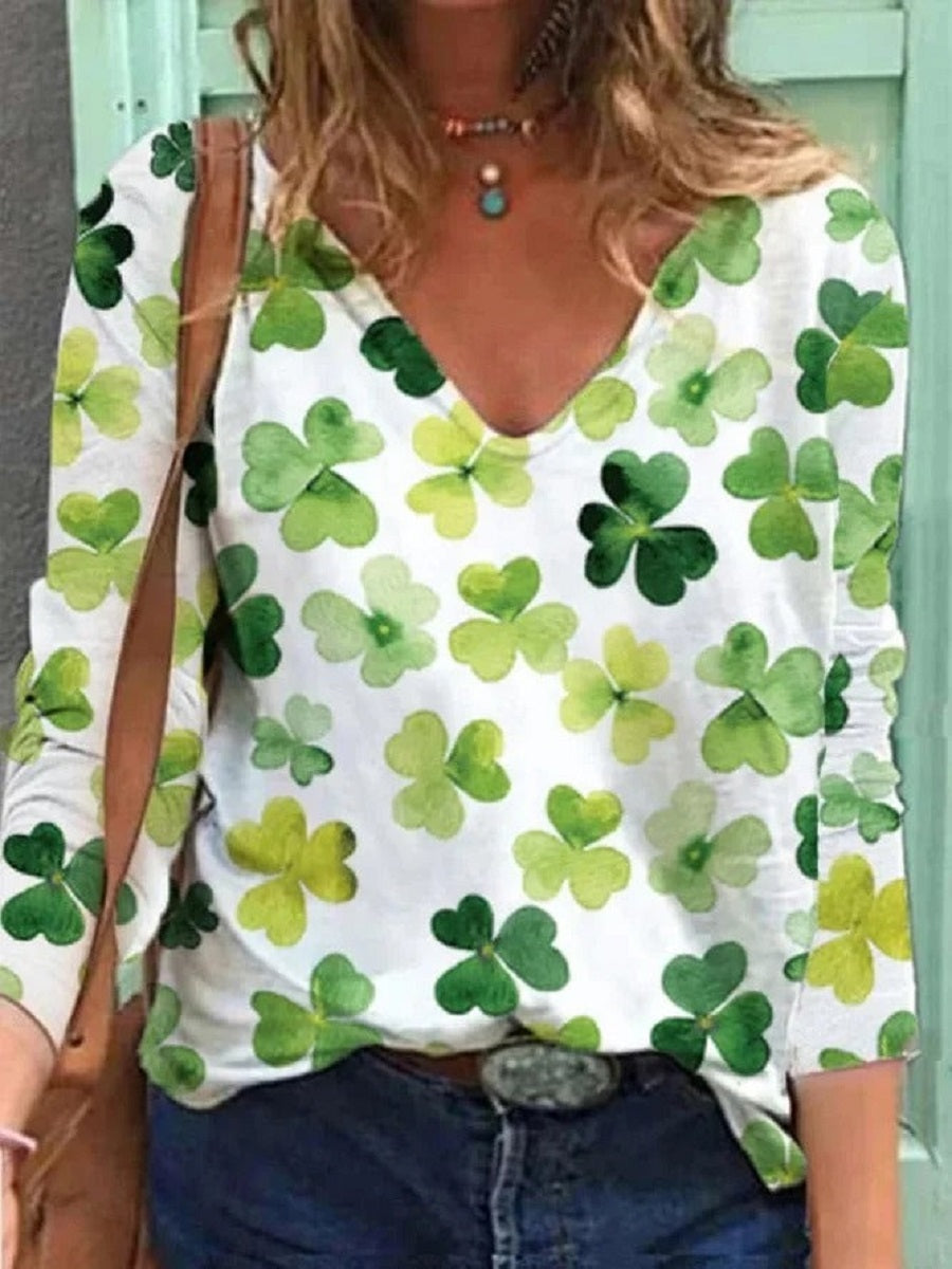 Comfysol Green Casual V Neck Printed Long Sleeve Blouse