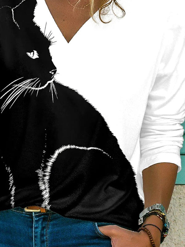 Comfysol Black-white Casual Graphic Tops V-neck Long Sleeve Black Cat Printed Blouse