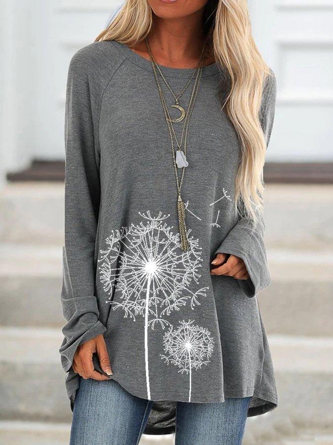 Comfysol Casual Crew Neck Floral Print Long Sleeve Blouse