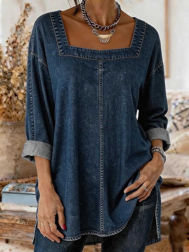 Women's Casual Long-sleeved Square Neck Denim Top