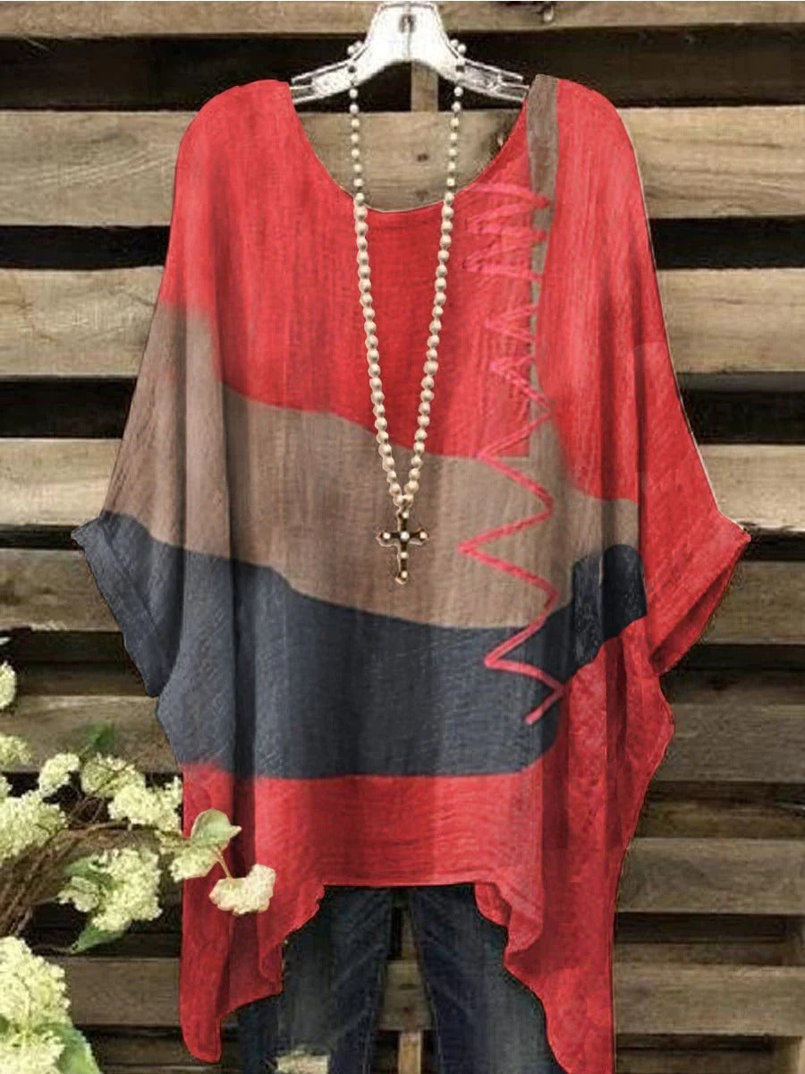 Comfysol Red Casual Round Neck Colorblock Printed Long Sleeve Blouse