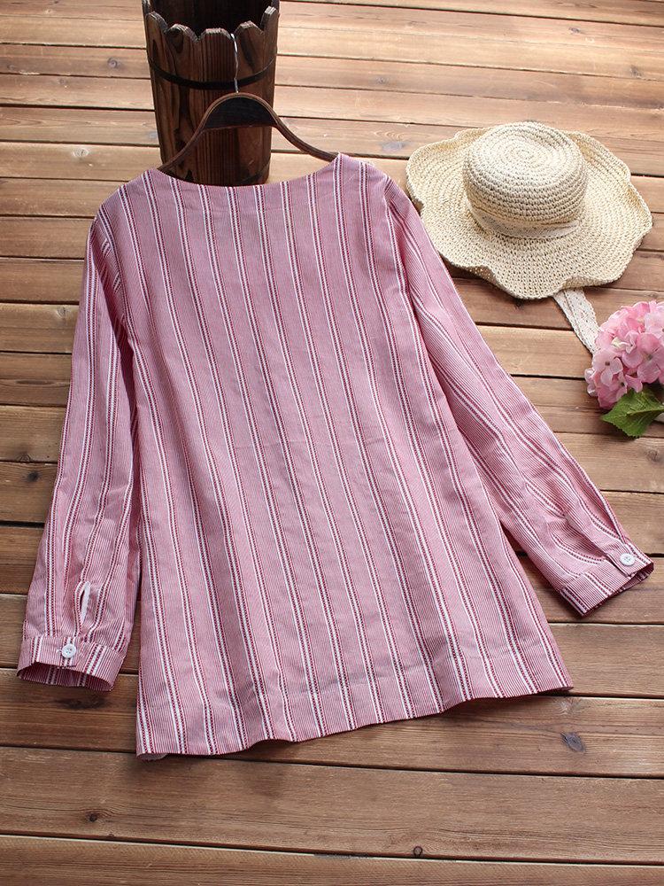 Comfysol Side Buttons Stripe Cat Embroidered Patchwork Vintage Blouse