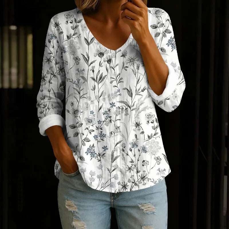 PASTORAL WATERCOLOR FLOWERS AND PLANTS PRINT BUTTON V-NECK A-LINE LONG SLEEVE BLOUSE