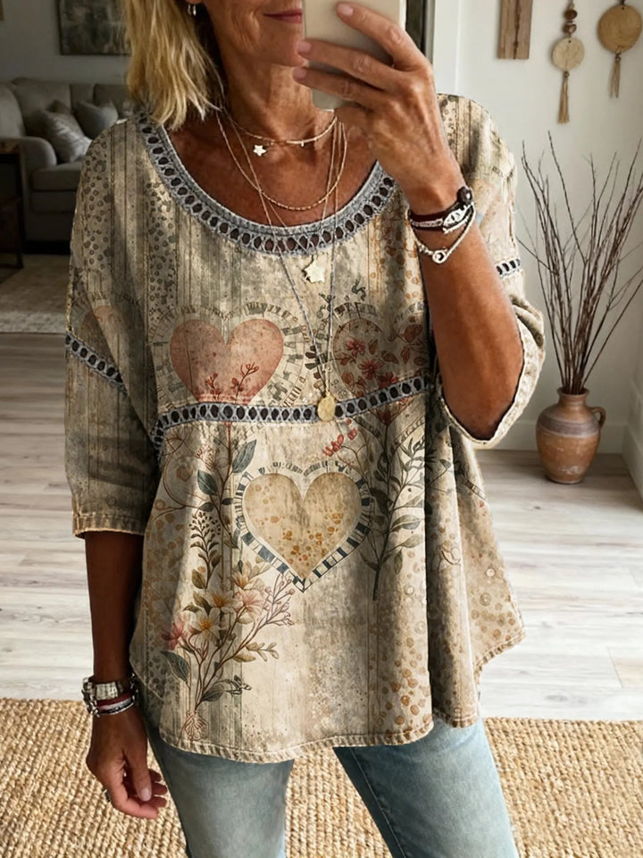 Women's Bohemian Floral Heart Art Print Casual Round Neck Hollow Out Top