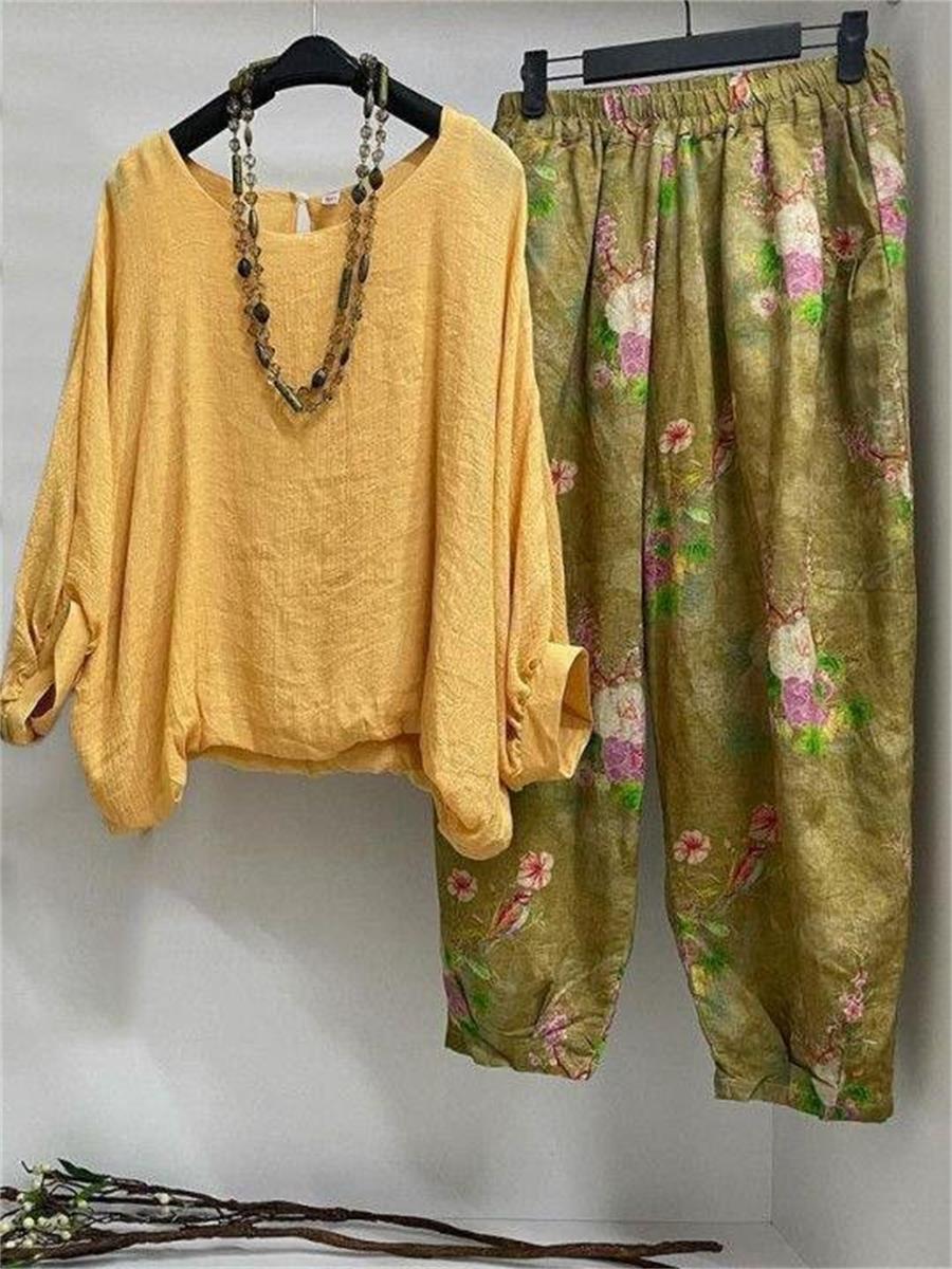 Comfysol Yellow Casual Round Neck Printed Long Sleeve Outfit Sets