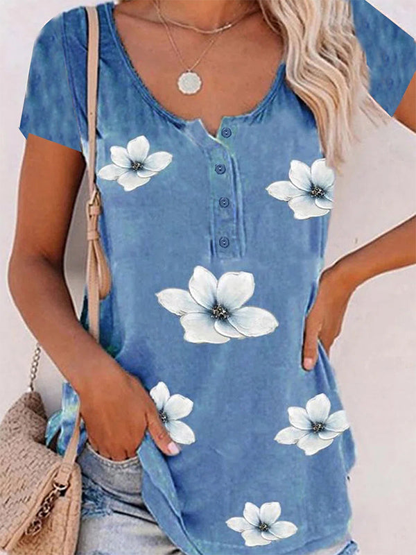 Comfysol Flower Casual Round Neck Short Sleeve Floral Printed Blouse