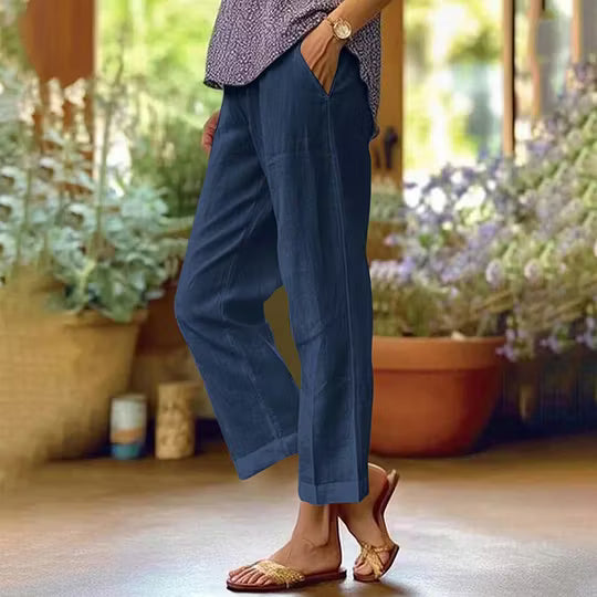 Solid Linen Blend Straight Leg High Waist Casual Pants