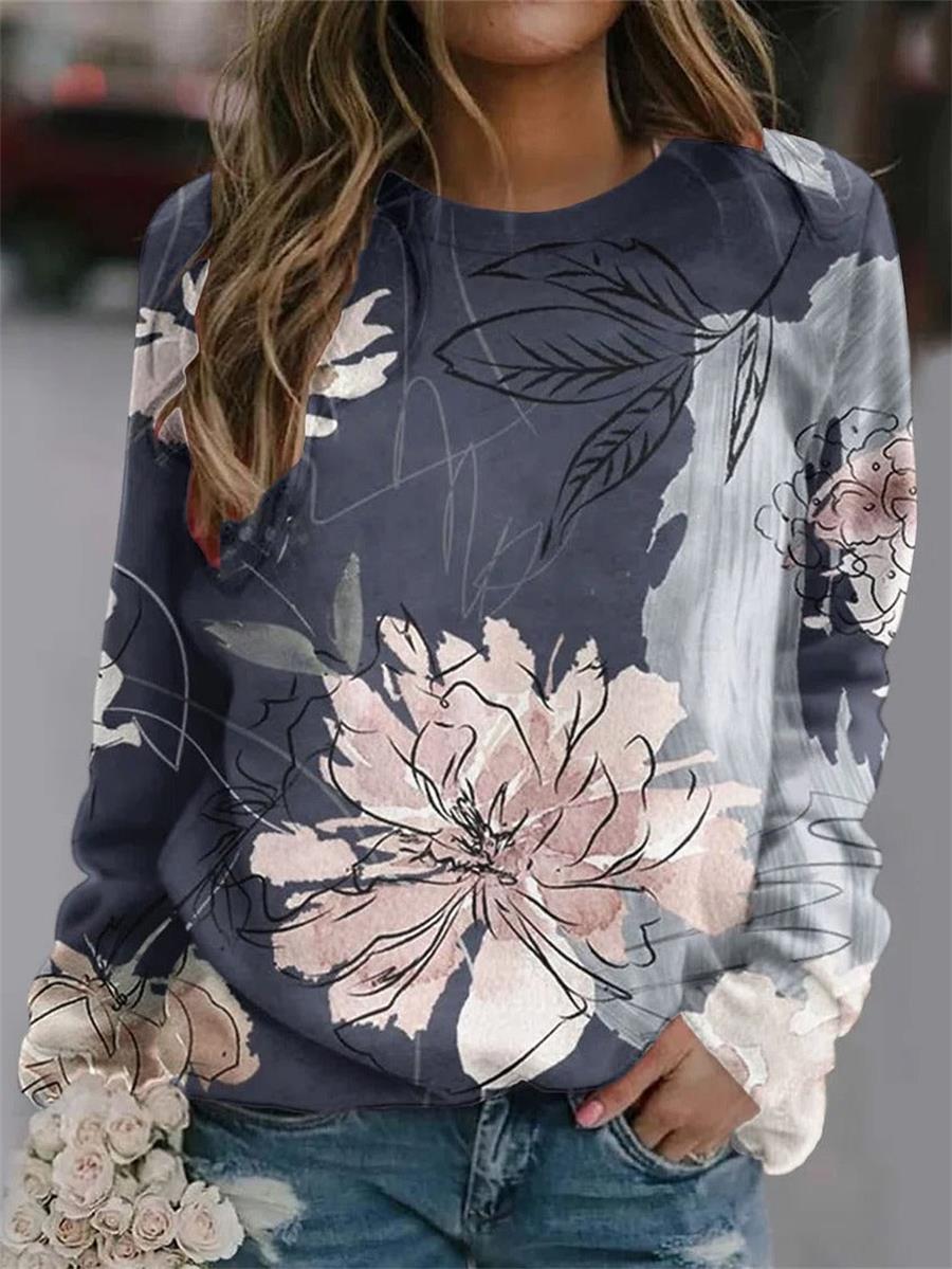 Comfysol Multicolor Casual Graphic Tops Round Neck Floral Printed Long Sleeve Sweatshirts
