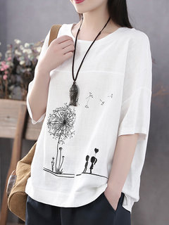 Comfysol Summer Print Flower Casual Short Sleeve Cotton Blouse