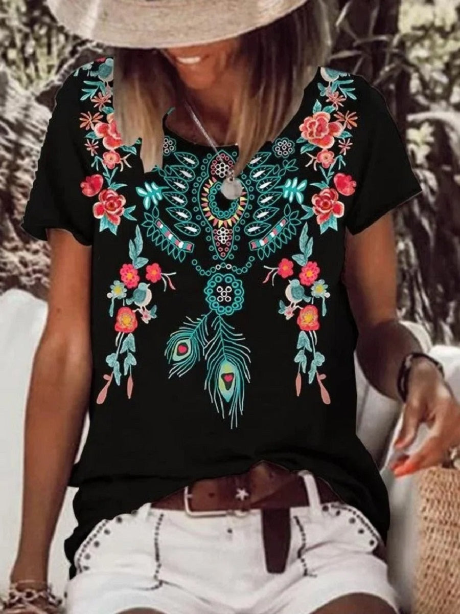 Comfysol Black Casual Graphic Tops Round Neck Floral Printed Short Sleeve Blouse