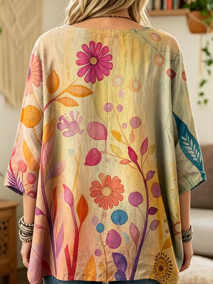 Ethnicity Watercolor Flowers Women's Art Print Casual 3/4 Sleeve Cotton Top