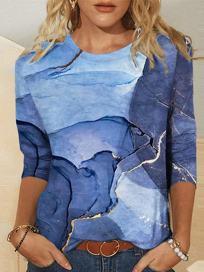 Comfysol Blue Casual Round Neck Printed Long Sleeve Blouse