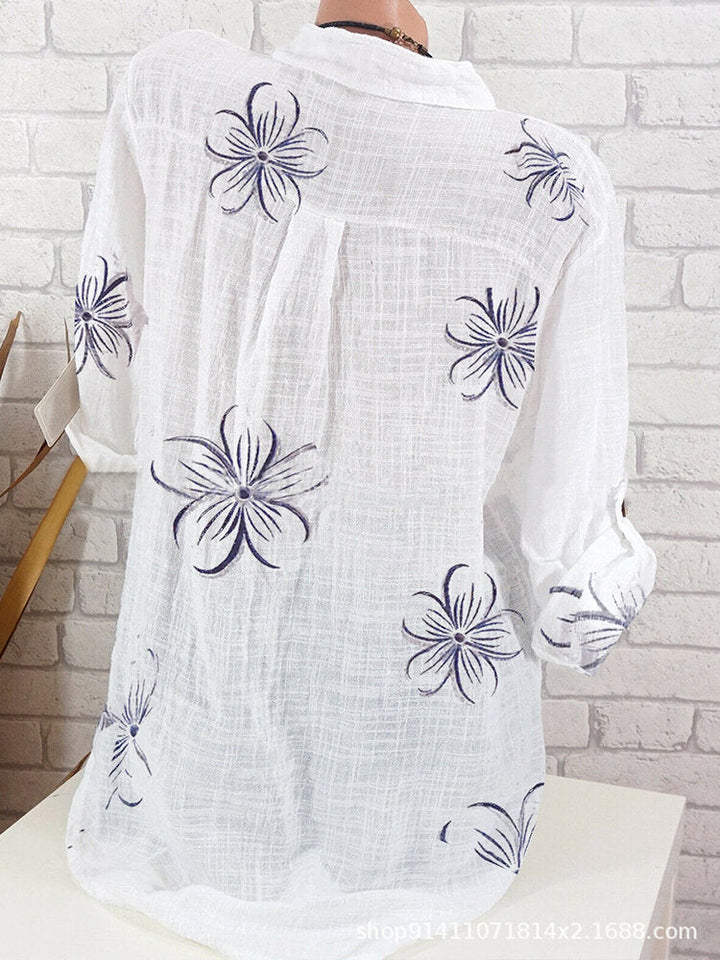Comfysol Vintage Floral Printed Stand Collar Button Long Sleeve Blouse