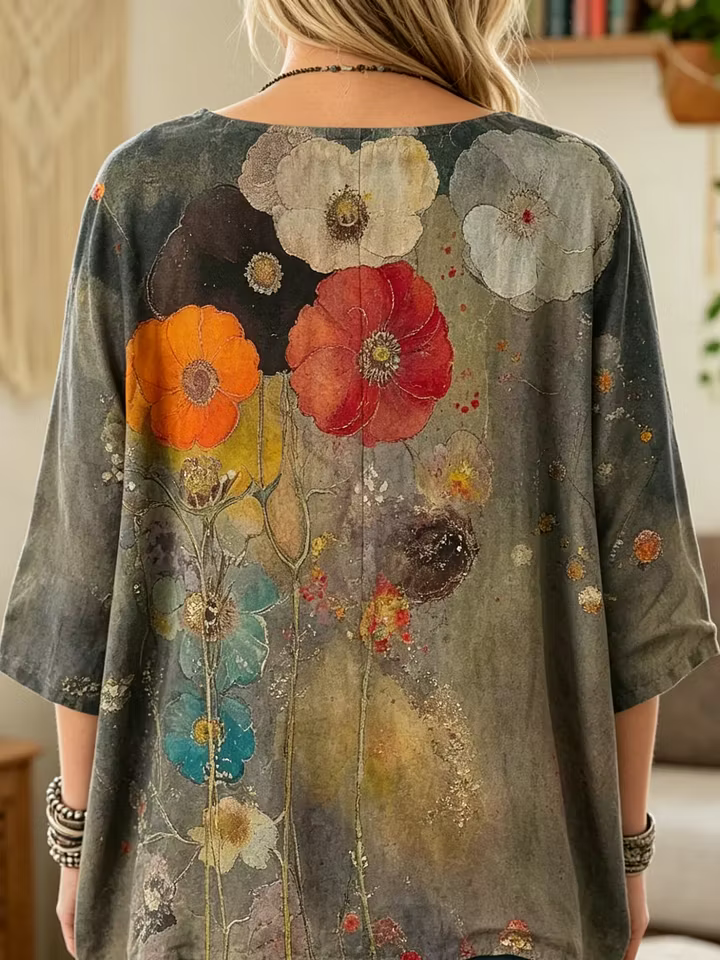 Retro Flowers Women's Art Print Casual 3/4 Sleeve Cotton Top