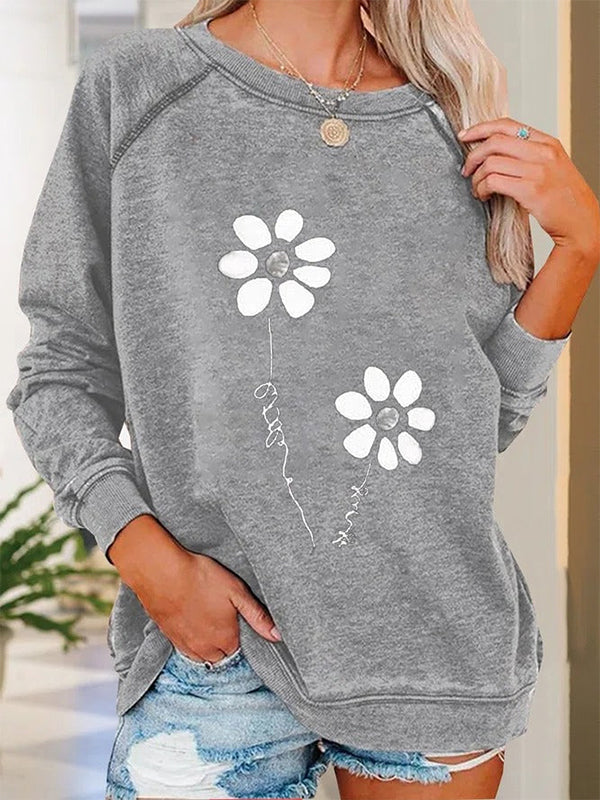 Comfysol Gray Casual Round Neck Long Sleeve Floral Printed Sweatshirts