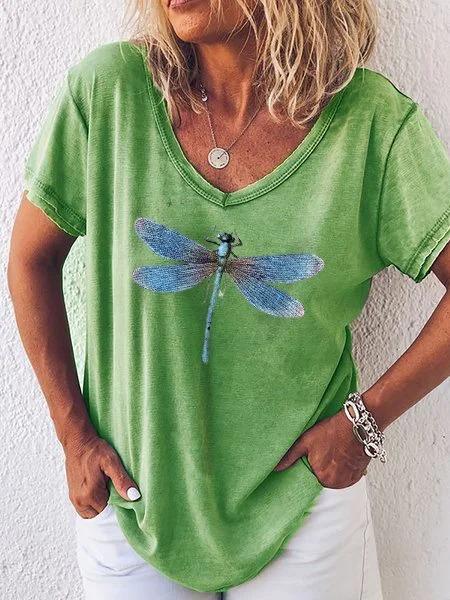 Comfysol Dragonfly Printed Casual V-neck Short Sleeve T-shirt