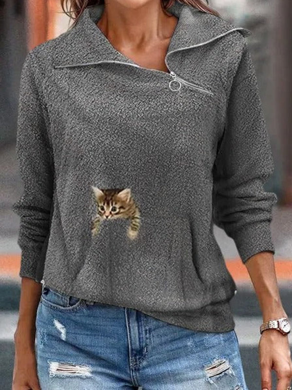 Comfysol Gray Casual Graphic Tops Lapel Long Sleeve Cat Printed with Zipper Pockets Sweatshirts