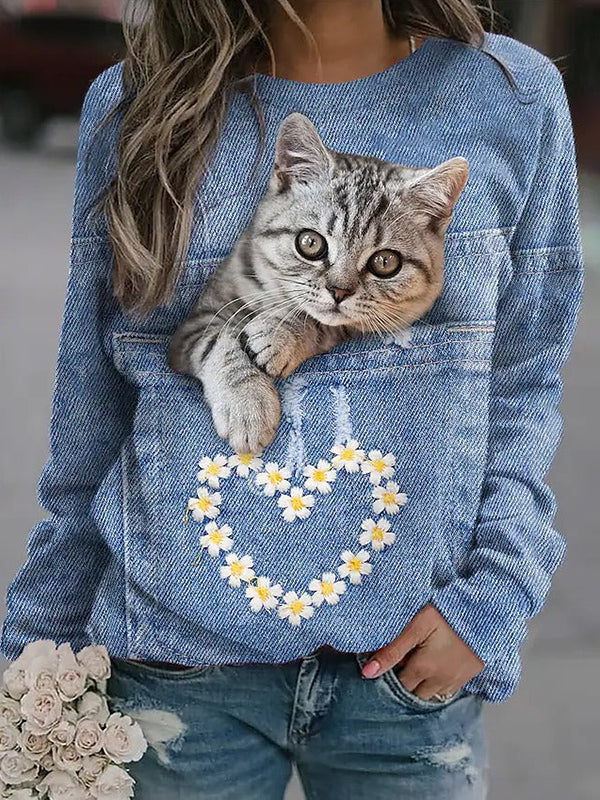 Comfysol Blue Casual Graphic Tops Round Neck Long Sleeve Cat Printed Sweatshirts
