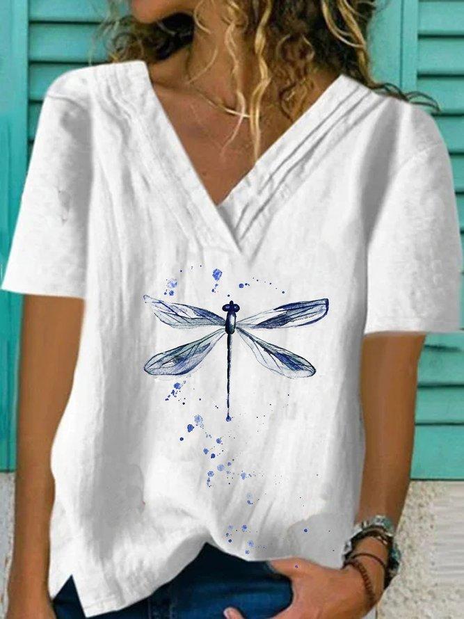 Comfysol Dragonfly Graphic Printed V Neck Short Sleeve Casual Blouse