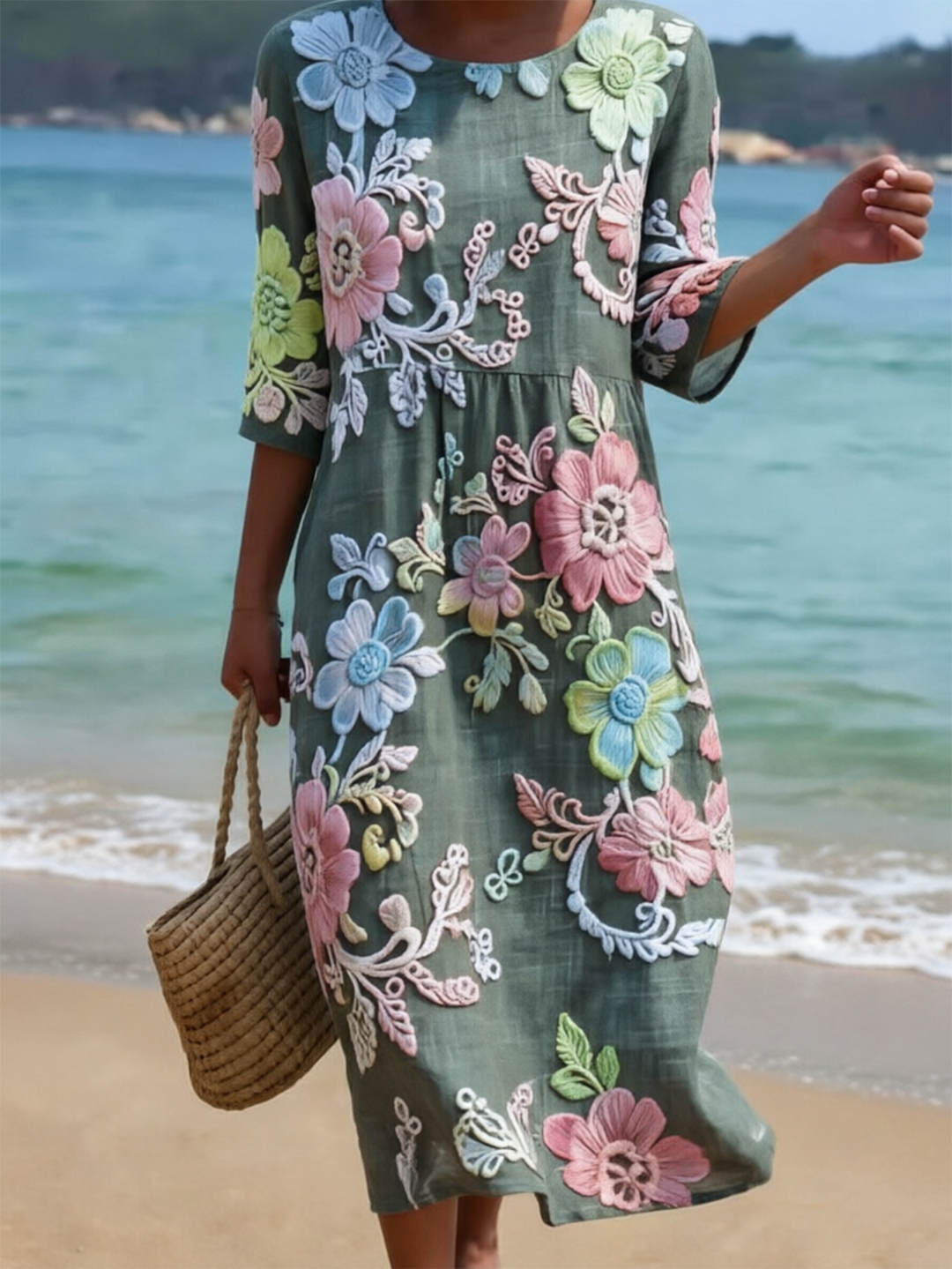 Round Neck Floral Applique Midi Dress for Summer