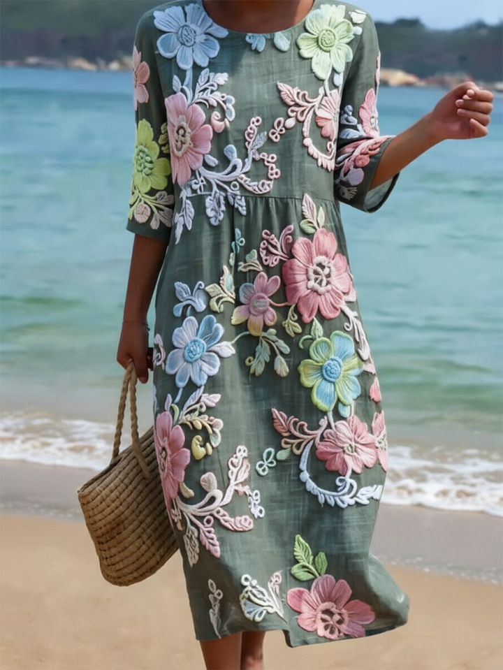 Round Neck Floral Applique Midi Dress for Summer