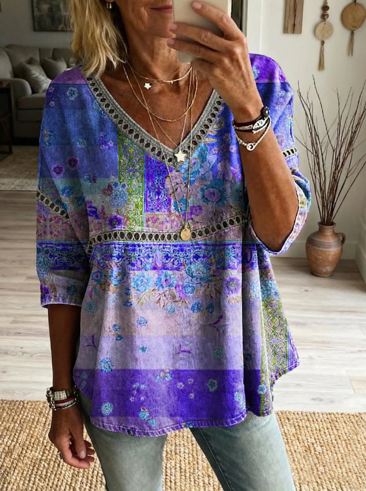 Women's Floral Pattern Art Print Casual V-neck Lace-up Top