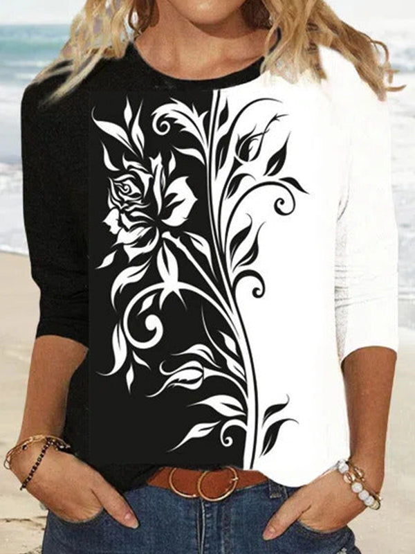 Comfysol Casual Round Neck Long Sleeve Floral Printed Blouse