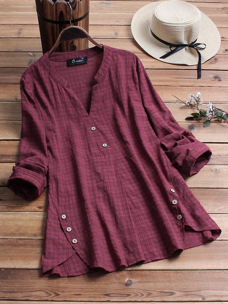 Comfysol Vintage Plaid Side Button V-neck Long Sleeve Blouse