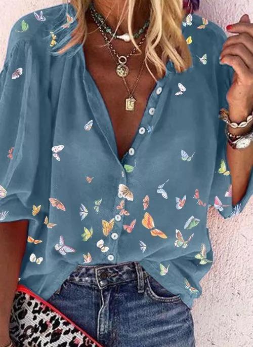 Comfysol Butterflies Casual V-Neck Half Sleeve Blouse