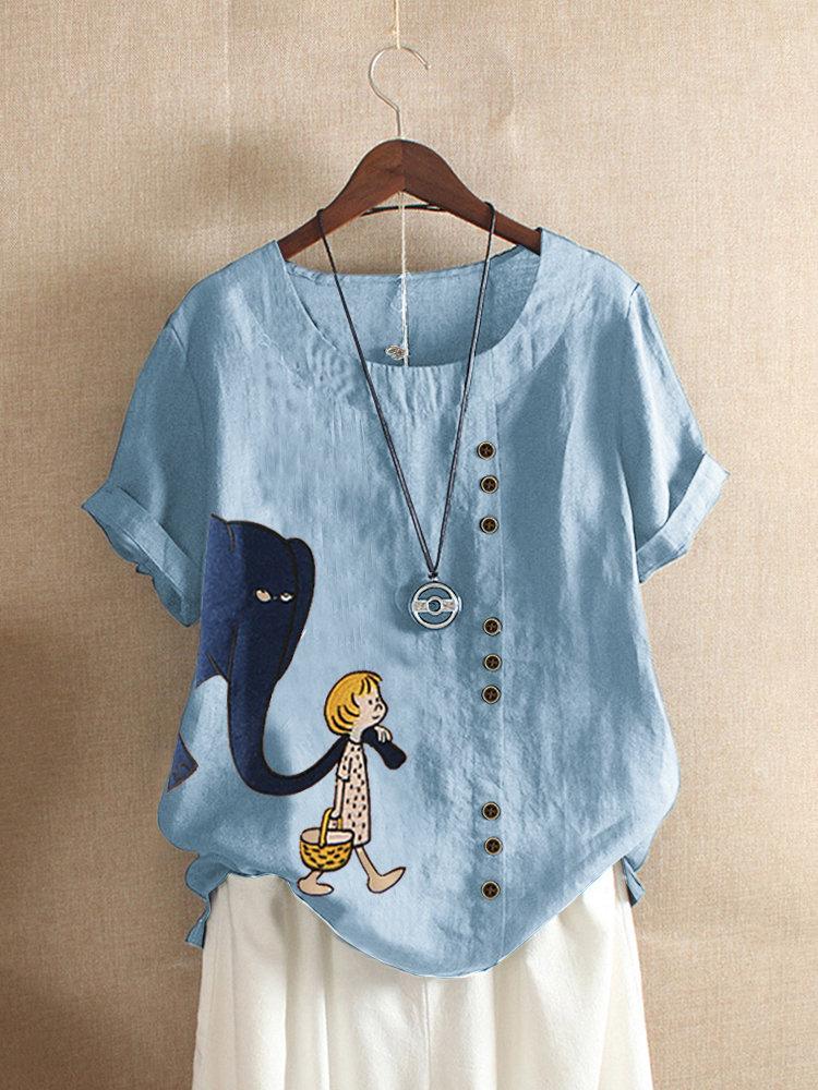 Comfysol Short Sleeve Casual Cartoon Print Blouse