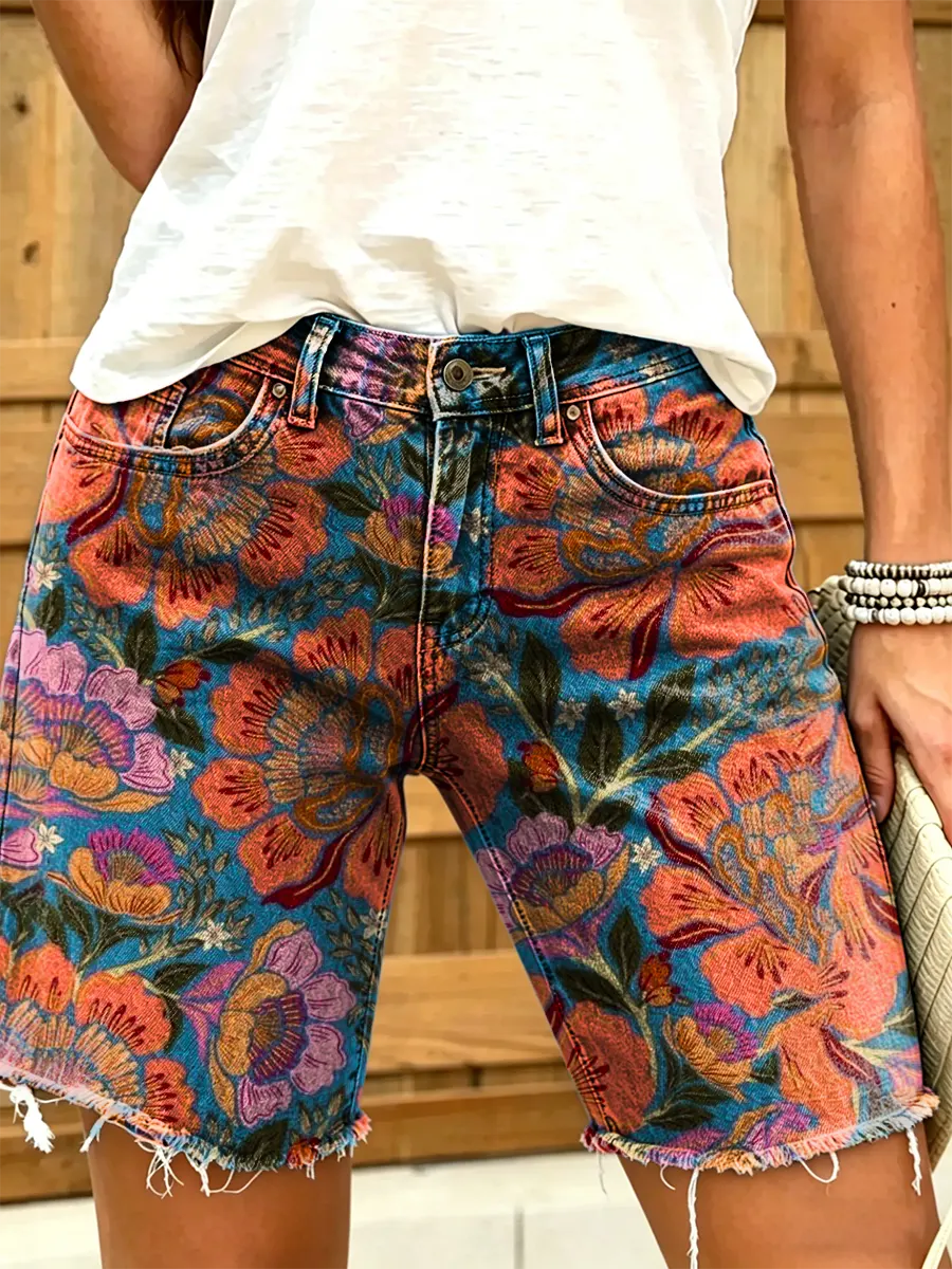 Women's Retro Print Denim Shorts
