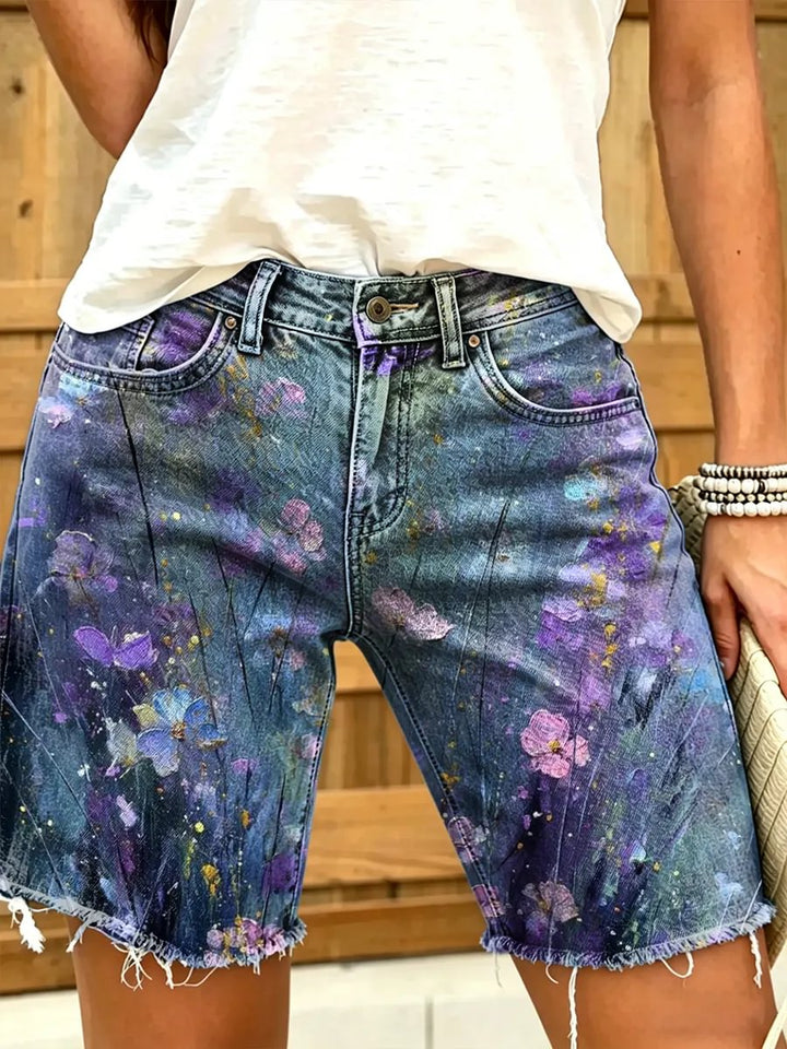 Ethnic-style floral and butterfly print women's casual denim shorts