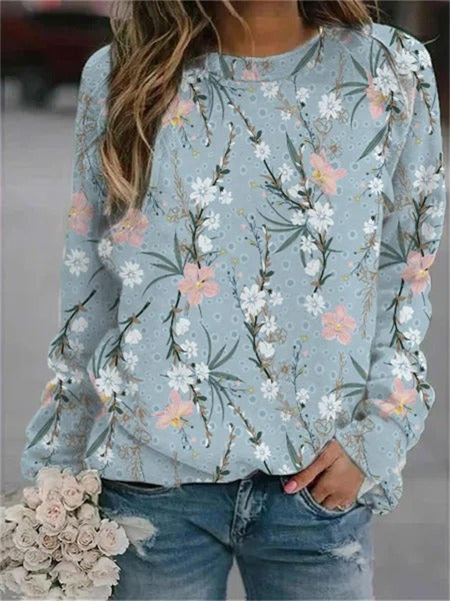 Comfysol Blue  Casual Graphic Tops Round Neck Floral Printed Long Sleeve Sweatshirts