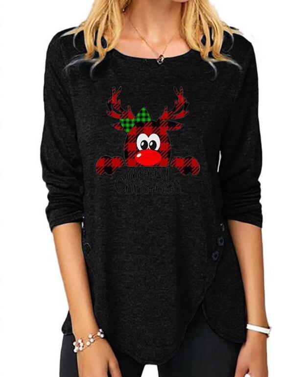 Comfysol Women's Christmas Print Casual Long Sleeve Round Neck T-shirt