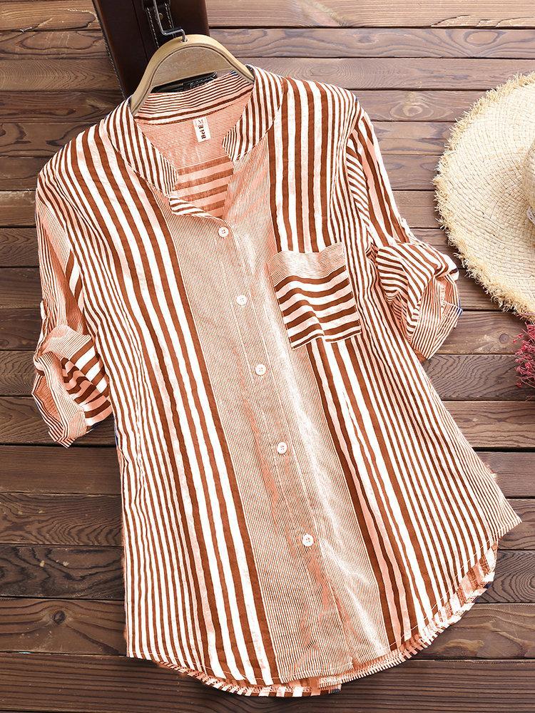 Comfysol Patchwork Stripe Print Stand Collar Irregular Casual Shirts