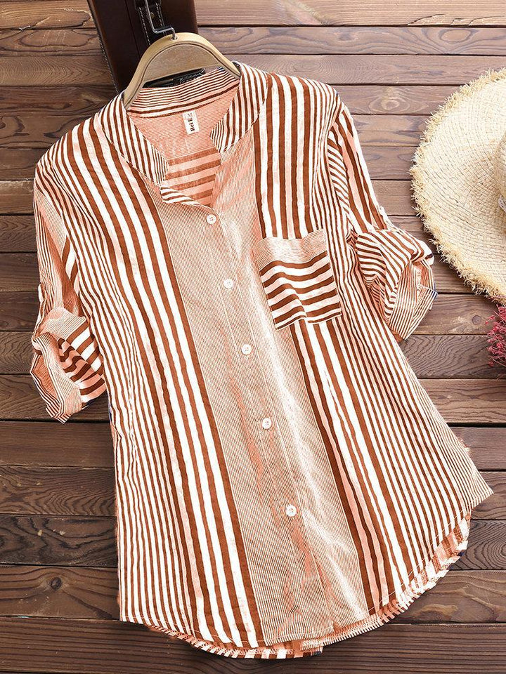 Comfysol Patchwork Stripe Print Stand Collar Irregular Casual Shirts