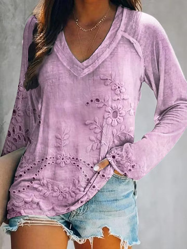 Women's Vintage Floral Texture Art Print V Neck Long Sleeve Tops