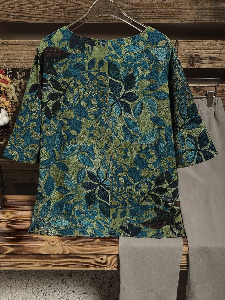 Comfysol Round Neck Bronzing Leaf Print Casual Blouse