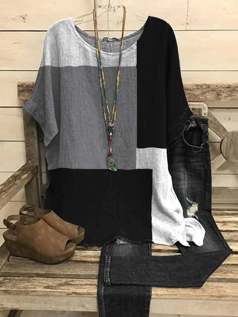 Comfysol Colorful Casual Round Neck Colorblock Printed Short Sleeve Blouse