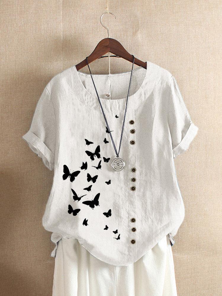 Comfysol Butterflies Print Button Short Sleeve Casual T-shirt